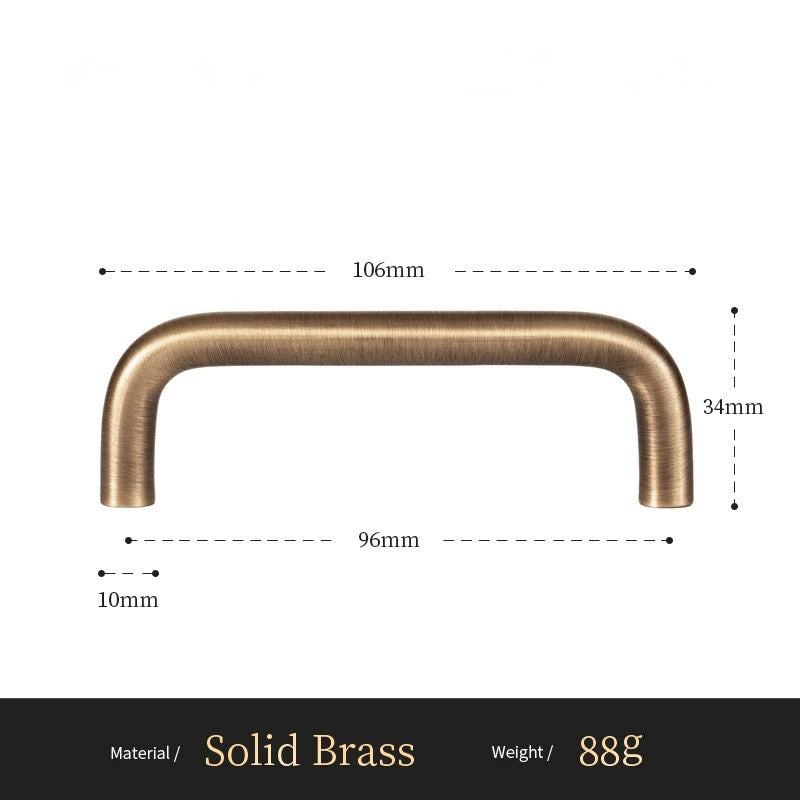U-Shaped solid brass cabinet pull size diagram, 96mm hole spacing