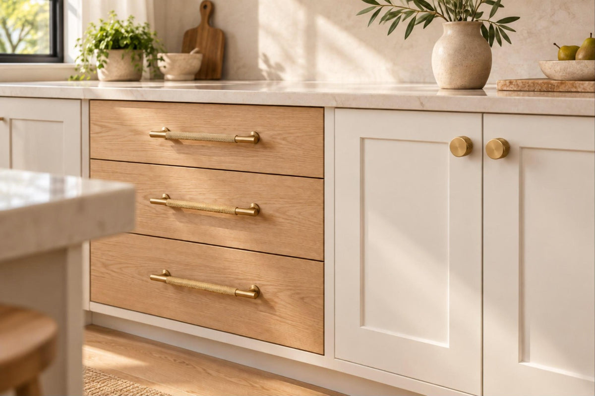 Kitchen with knurled solid brass cabinet pulls on oak drawers and knurled brass knobs on ivory cabinet doors