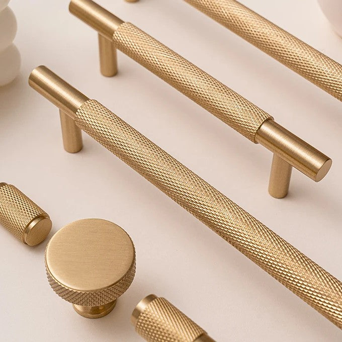 Knurled solid brass cabinet pull in brushed brass