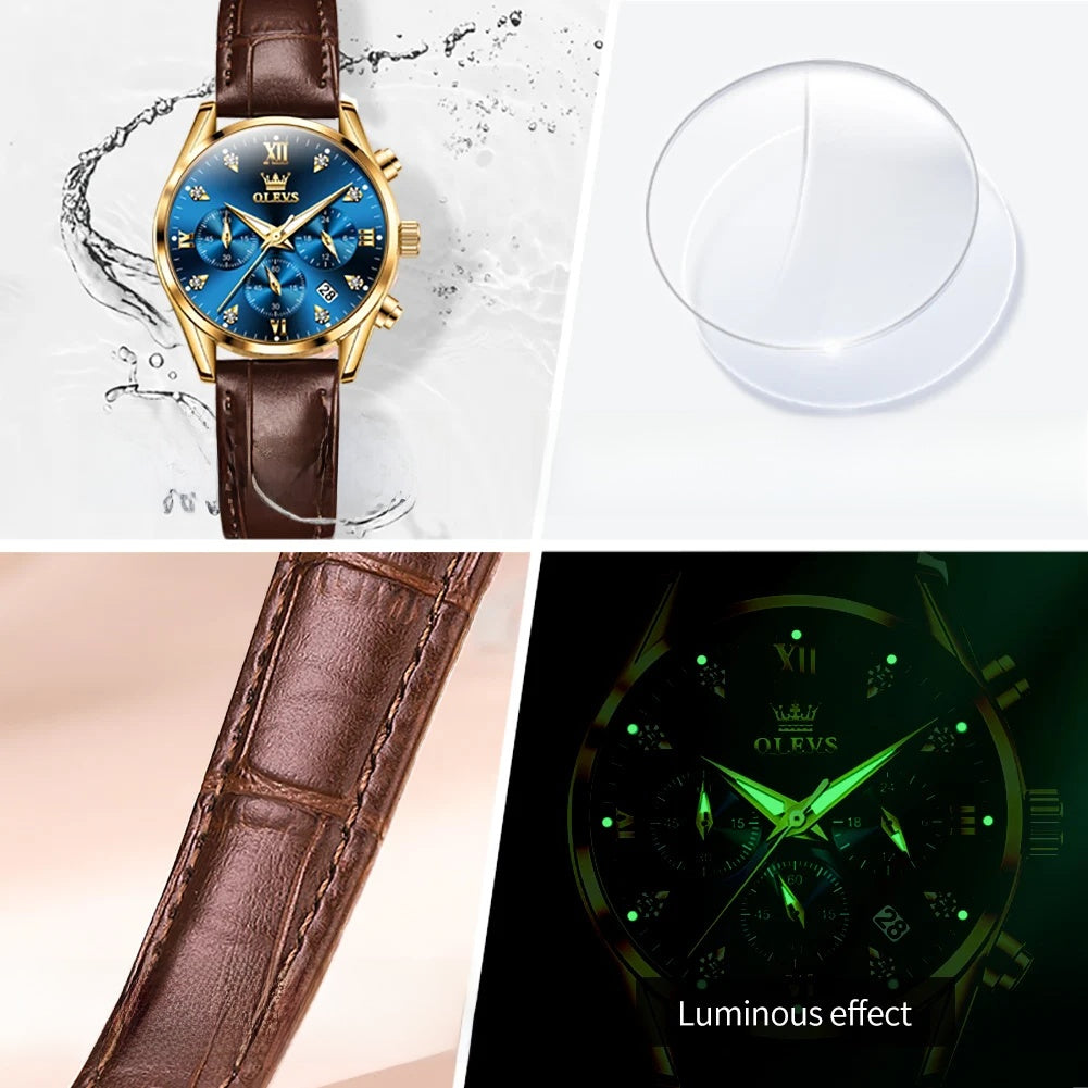 Women's Multifunction Leather Quartz Watch — Case, leather strap and luminous hands — BandsCo Straps