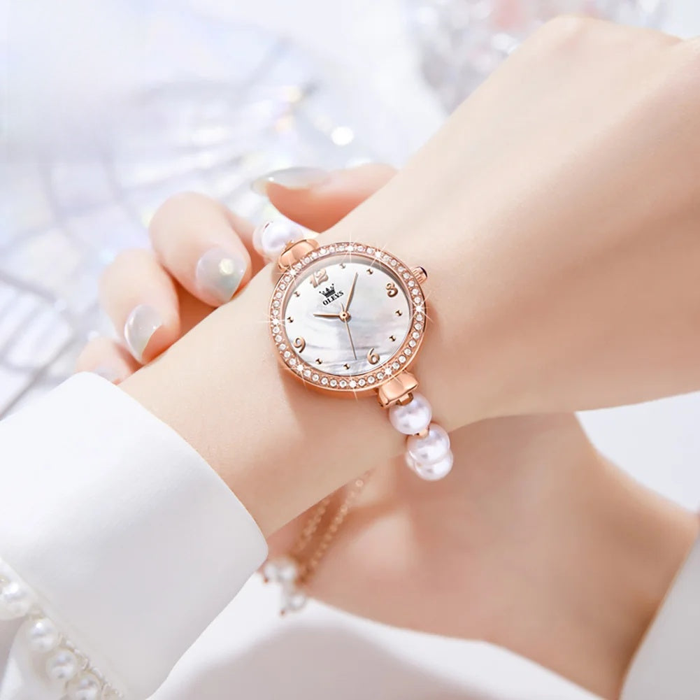 Women's Faux Pearl Bracelet Quartz Watch — White dial watch worn on wrist — BandsCo Straps