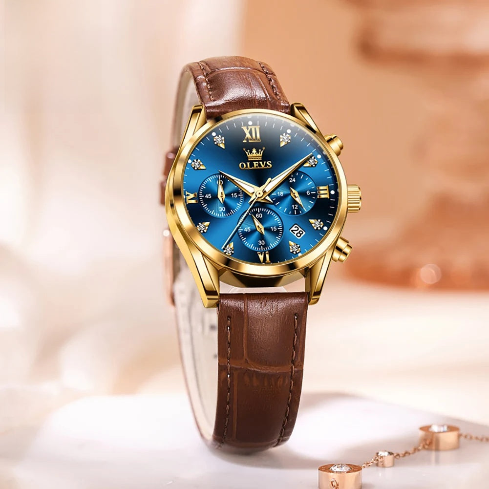 Women's Multifunction Leather Quartz Watch — Gold-tone watch with blue dial — BandsCo Straps