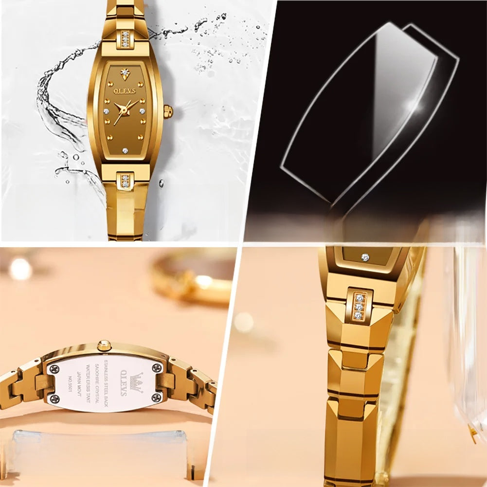 Women's Slim Tonneau Crystal Accent Watch — Case back, crystal and bracelet details — BandsCo Straps
