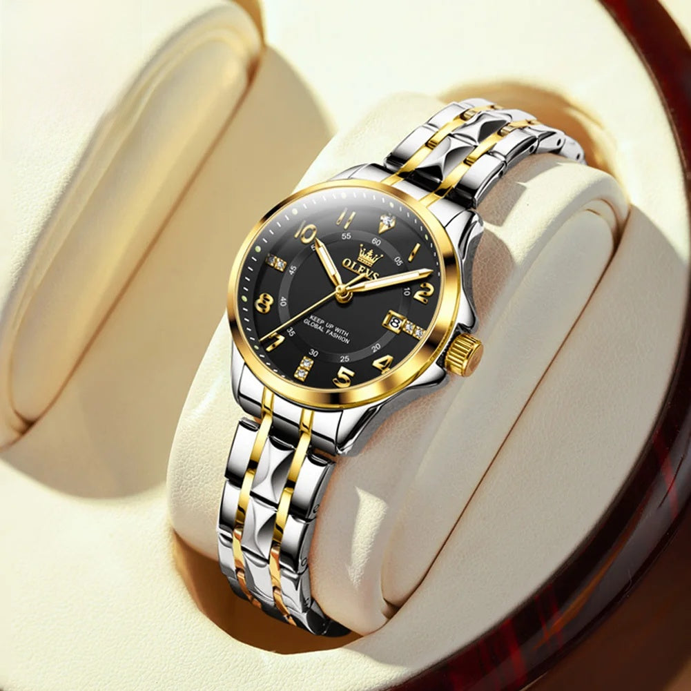 Women's 30mm Sculpted Bracelet Quartz Date Watch — Silver & Gold Tone / Black Dial