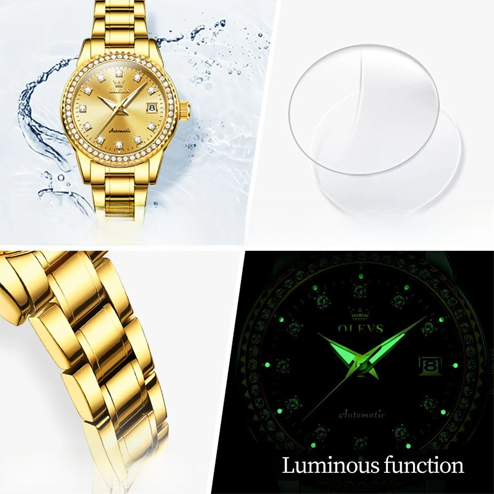 Women's Automatic Crystal Bezel Bracelet Watch — Bracelet and luminous hands — BandsCo Straps