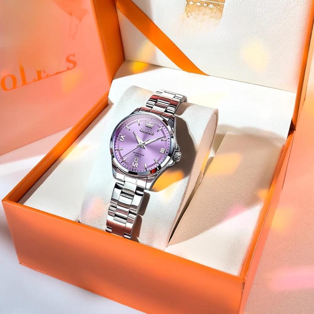 Women's Pastel Dial Stainless Steel Quartz Watch — Lavender dial watch in box — BandsCo Straps