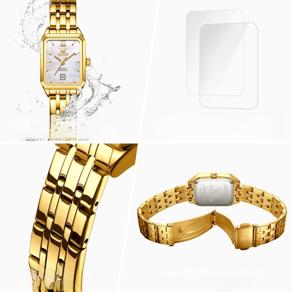 Women's Gold-Tone Rectangular Bracelet Watch — Case, crystal and clasp details — BandsCo Straps