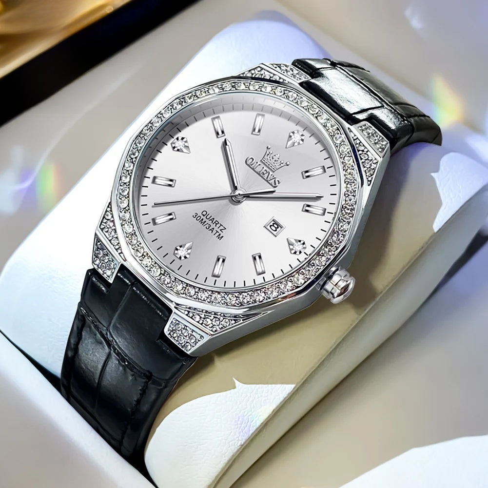 Women's Crystal Bezel Leather Quartz Watch — Black / White Dial — BandsCo Straps