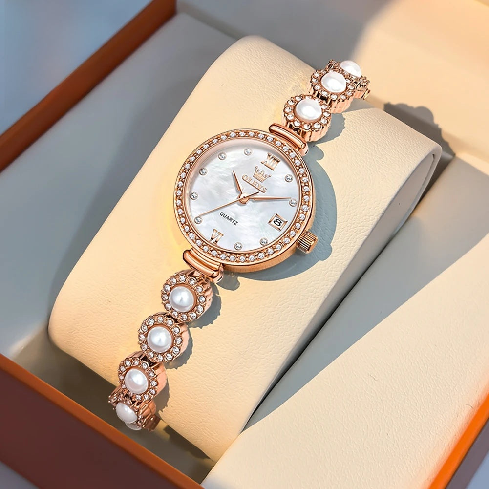 Women's Pearl-Effect Crystal Bracelet Watch — Rose Gold Tone / White Dial