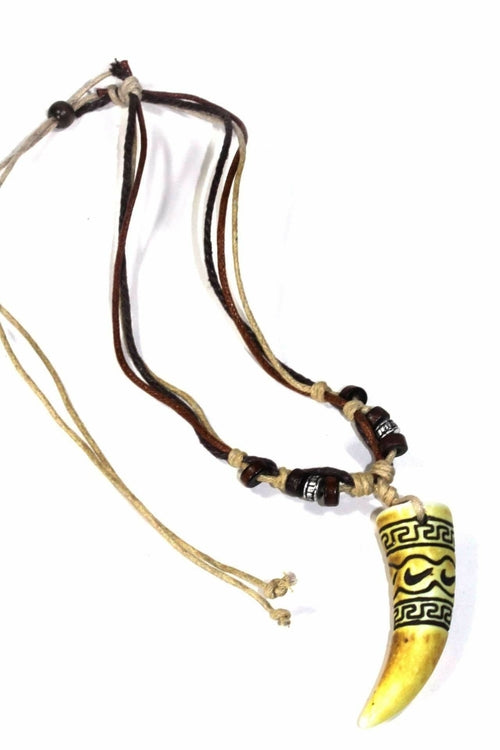 Carved Tusk Boho Necklace Tribal Pendant Leather Cord by Silver Hestia