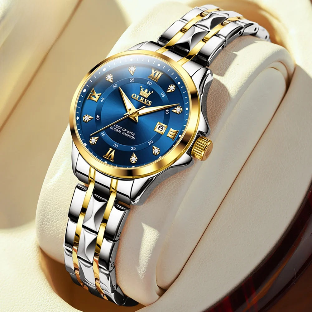 Stainless Steel Day-Date Watch - Women's, Men's & Couples — Women / Two Tone / Blue Dial — BandsCo Straps