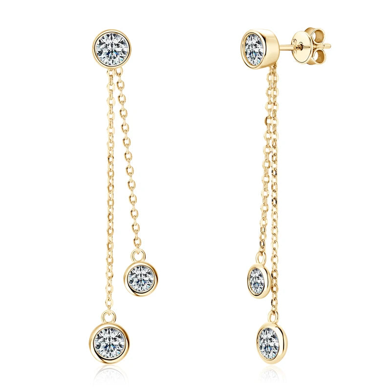 Moissanite Chain Tassel Earrings in Sterling Silver — Gold-tone bezel double drops