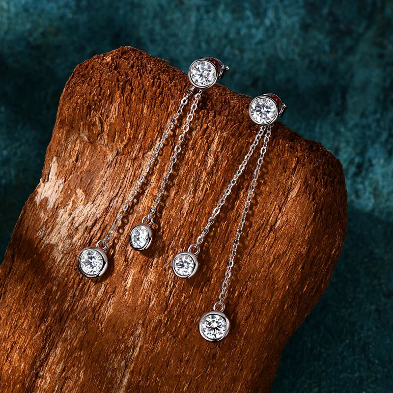 Moissanite Chain Tassel Earrings in Sterling Silver — Silver-tone double drops