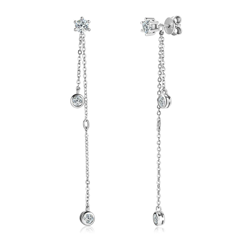 Moissanite Chain Tassel Earrings in Sterling Silver — Silver-tone prong double drops