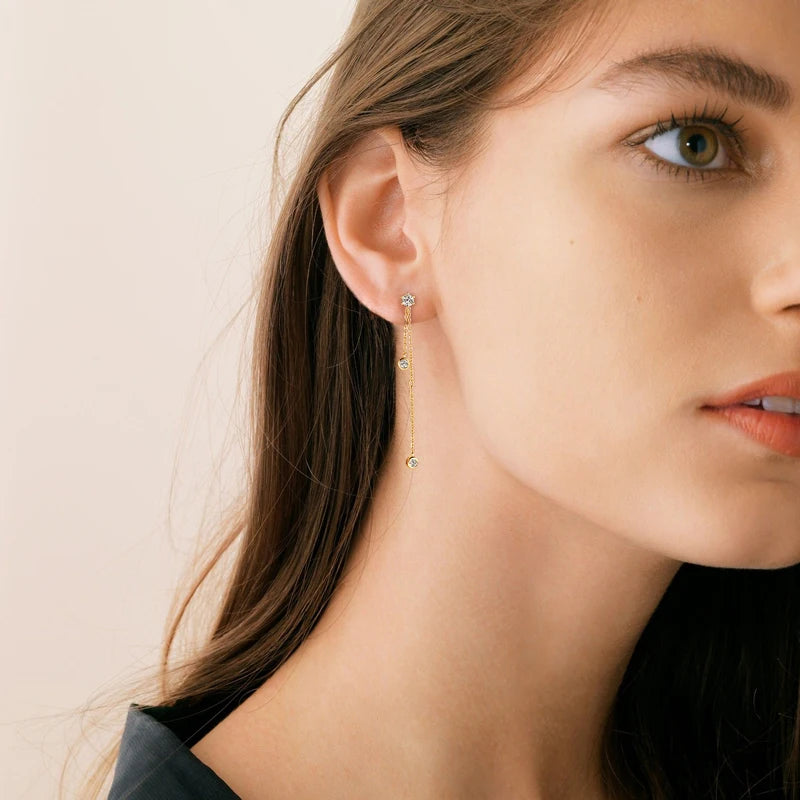 Moissanite Chain Tassel Earrings in Sterling Silver — Double drops worn on ear