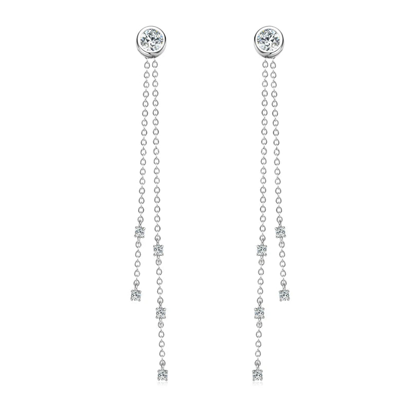 Moissanite Chain Tassel Earrings in Sterling Silver — Silver-tone fine tassels