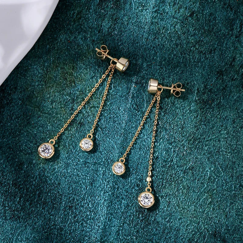 Moissanite Chain Tassel Earrings in Sterling Silver — Gold-tone prong style rear view