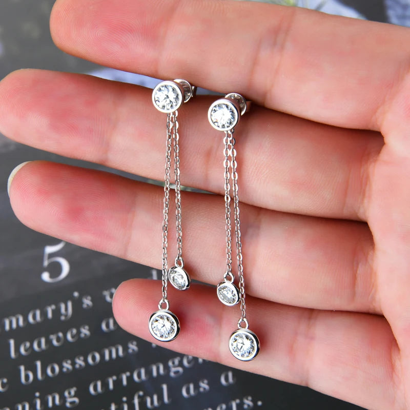 Moissanite Chain Tassel Earrings in Sterling Silver — Silver-tone pair on hand