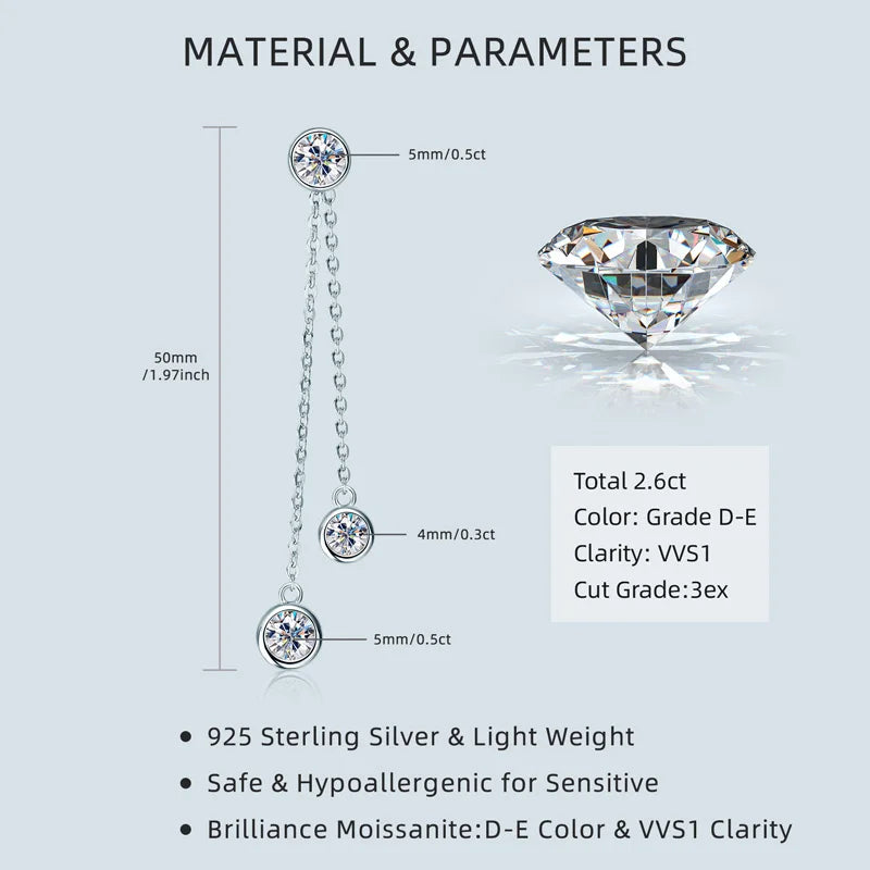Moissanite Chain Tassel Earrings in Sterling Silver — Double drop size diagram