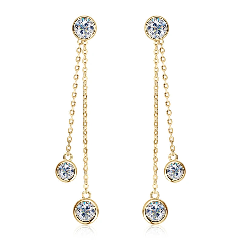 Moissanite Chain Tassel Earrings in Sterling Silver — Gold-tone bezel drops