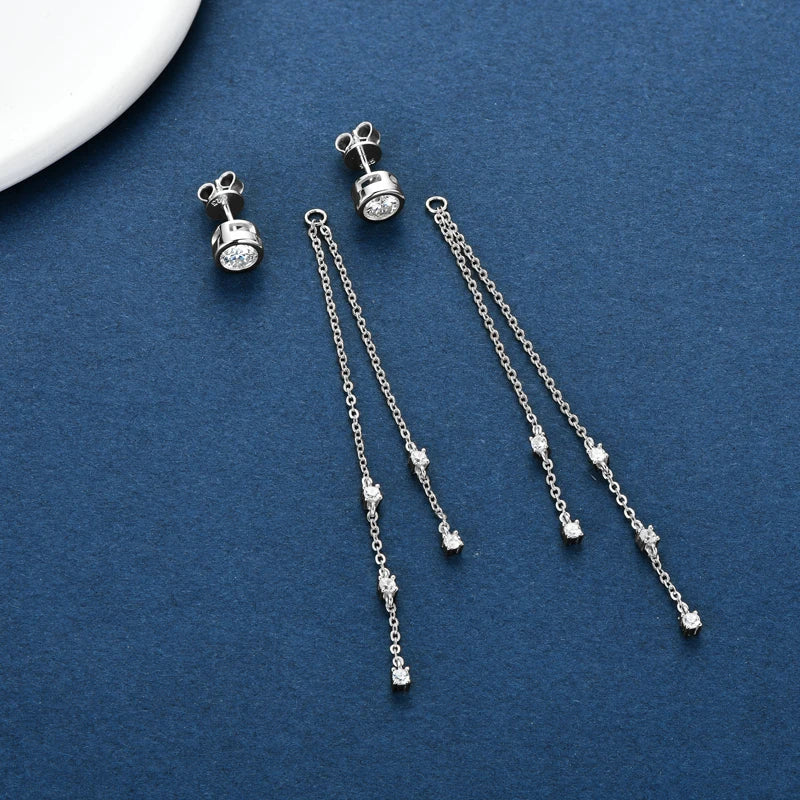 Moissanite Chain Tassel Earrings in Sterling Silver — Fine tassels with detached chain components