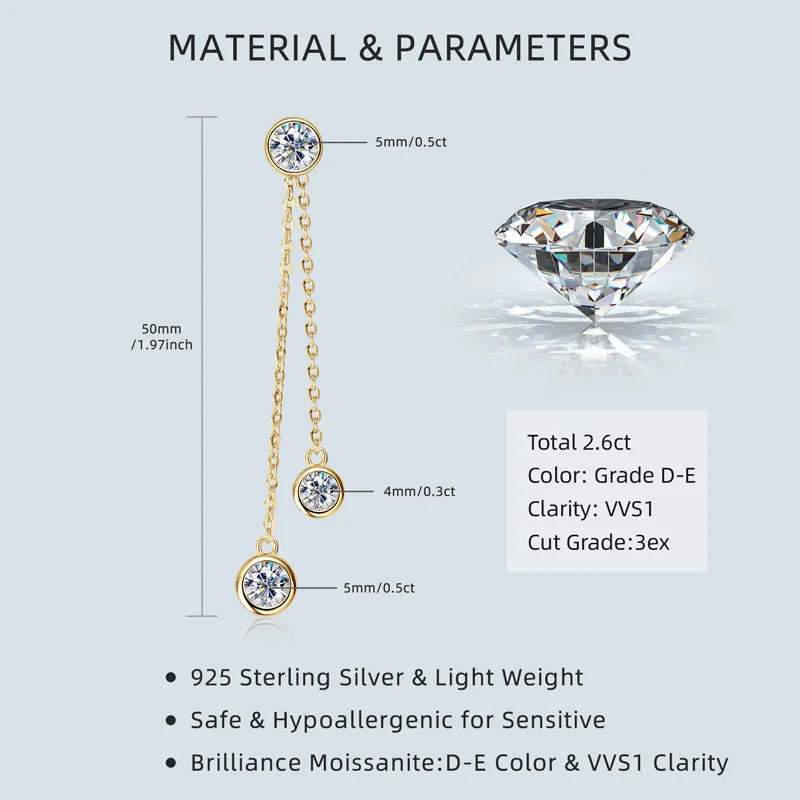 Moissanite Chain Tassel Earrings in Sterling Silver — Gold-tone double drop dimensions