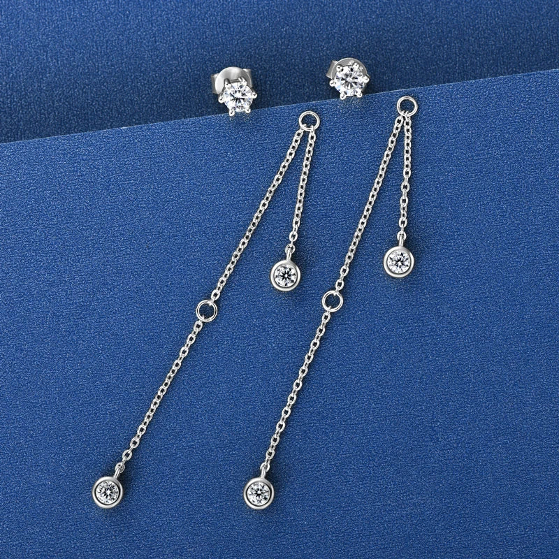 Moissanite Chain Tassel Earrings in Sterling Silver — Silver-tone prong style components