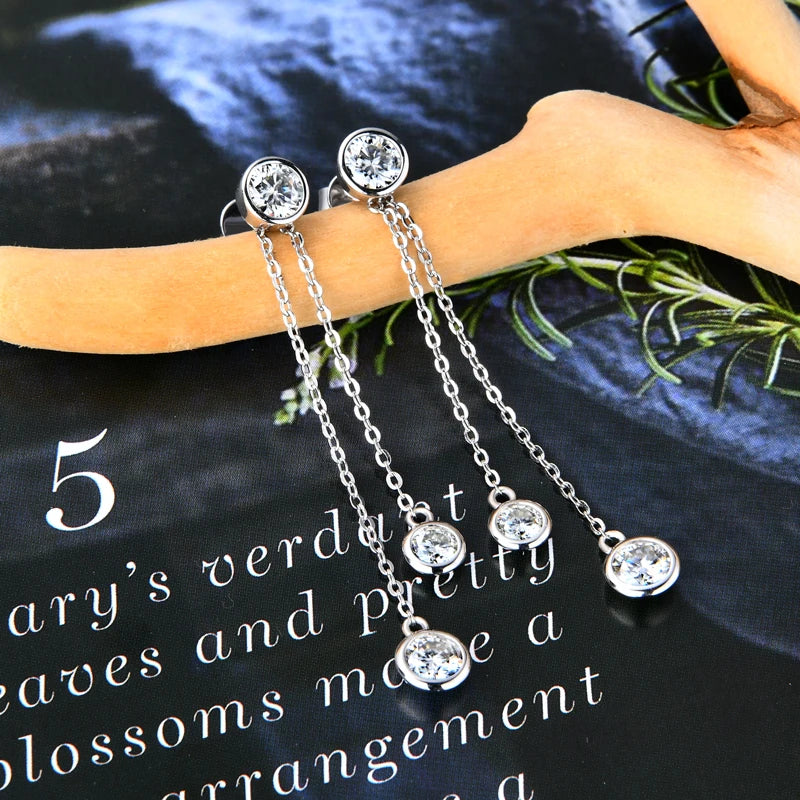 Moissanite Chain Tassel Earrings in Sterling Silver — Silver-tone bezel drops
