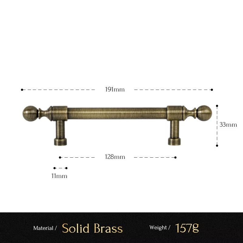 Classic Ball solid brass cabinet pull size diagram, 128mm hole spacing