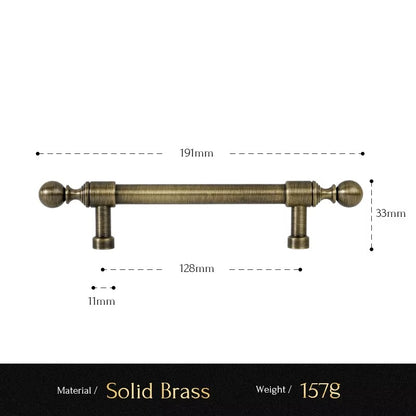 Classic Ball solid brass cabinet pull size diagram, 128mm hole spacing