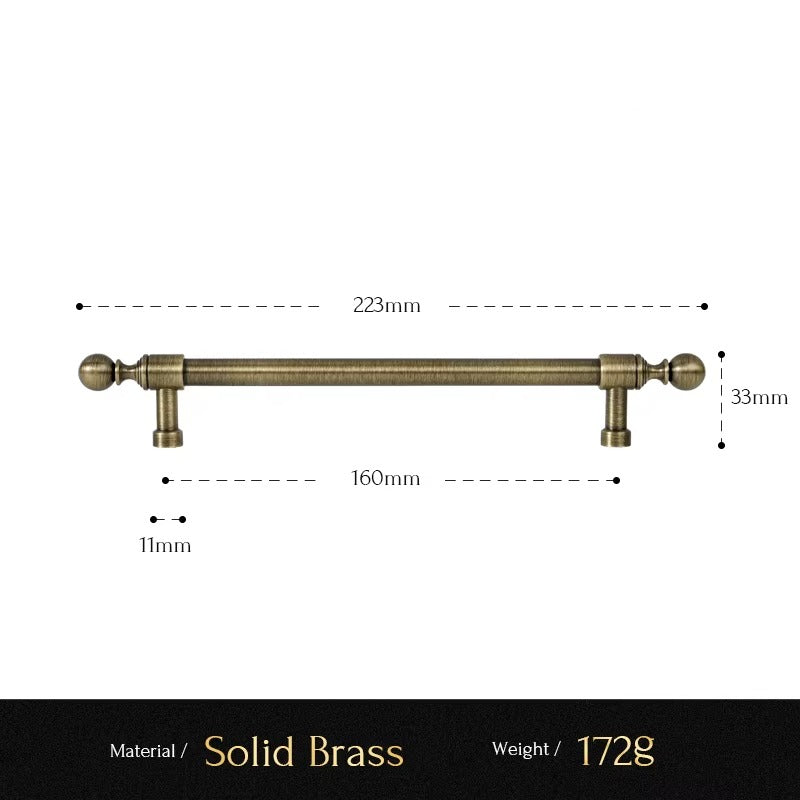 Classic Ball solid brass cabinet pull size diagram, 160mm hole spacing