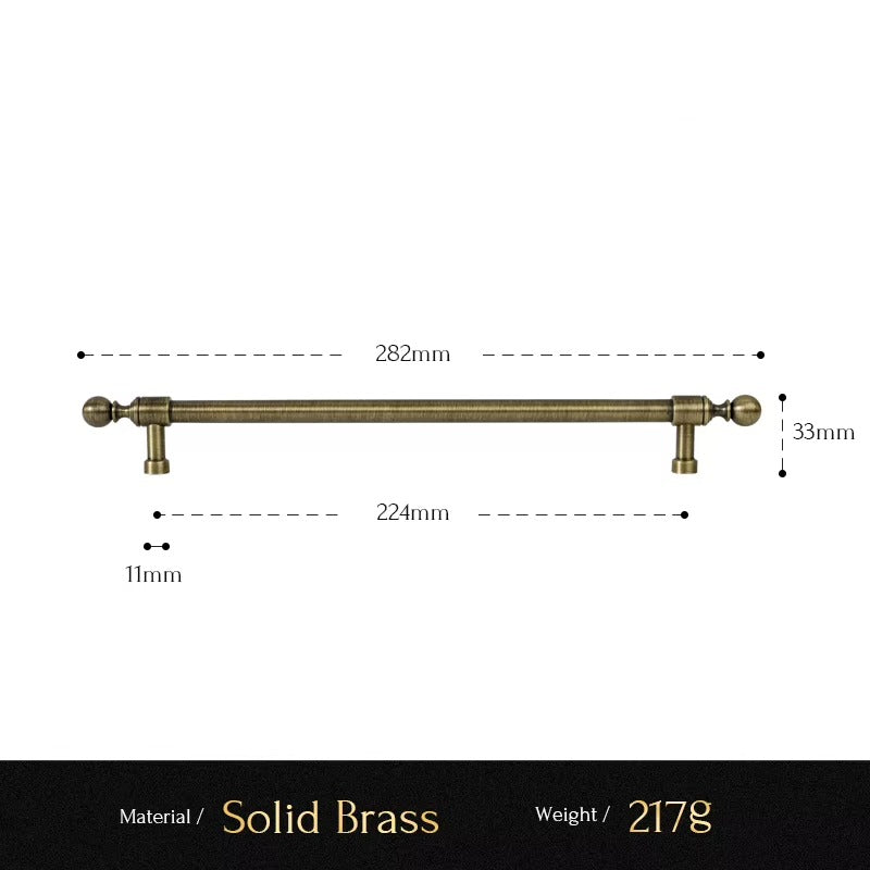 Classic Ball solid brass cabinet pull size diagram, 224mm hole spacing
