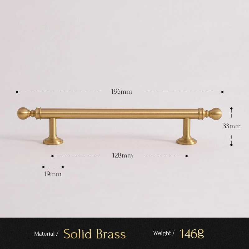 Classic Ball solid brass cabinet pull size diagram, 128mm hole spacing