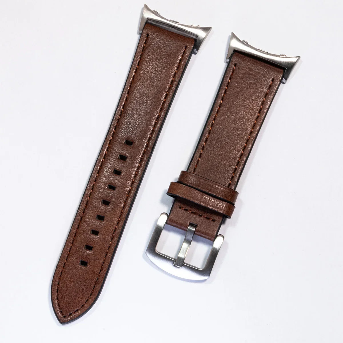 Stitched Leather Google Pixel Watch Band - Metal Buckle in Brown - Silver