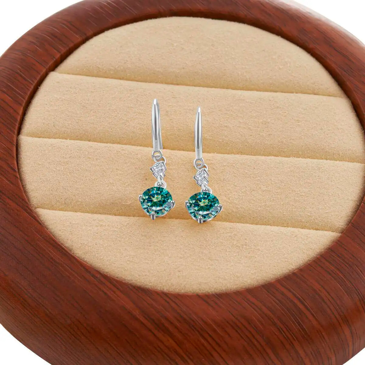 Colorful Moissanite Hook Drop Earrings in Sterling Silver — Blue-Green / Silver