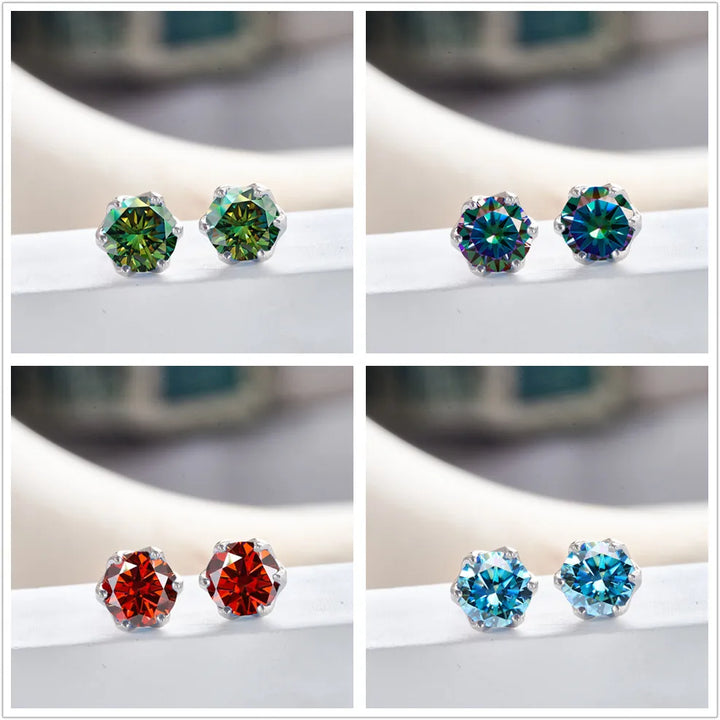 Colored Crown-Basket Moissanite Stud Earrings in Sterling Silver