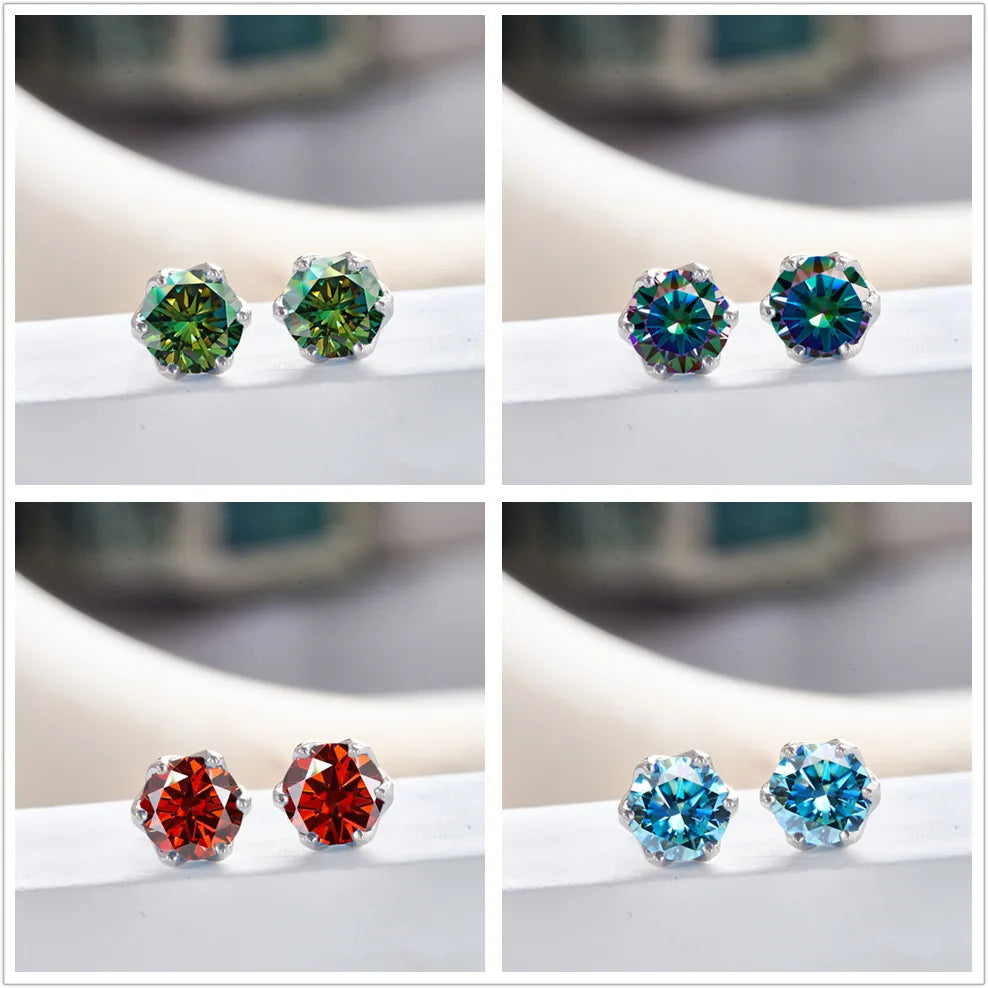 Colored Crown-Basket Moissanite Stud Earrings in Sterling Silver — Color preview collage