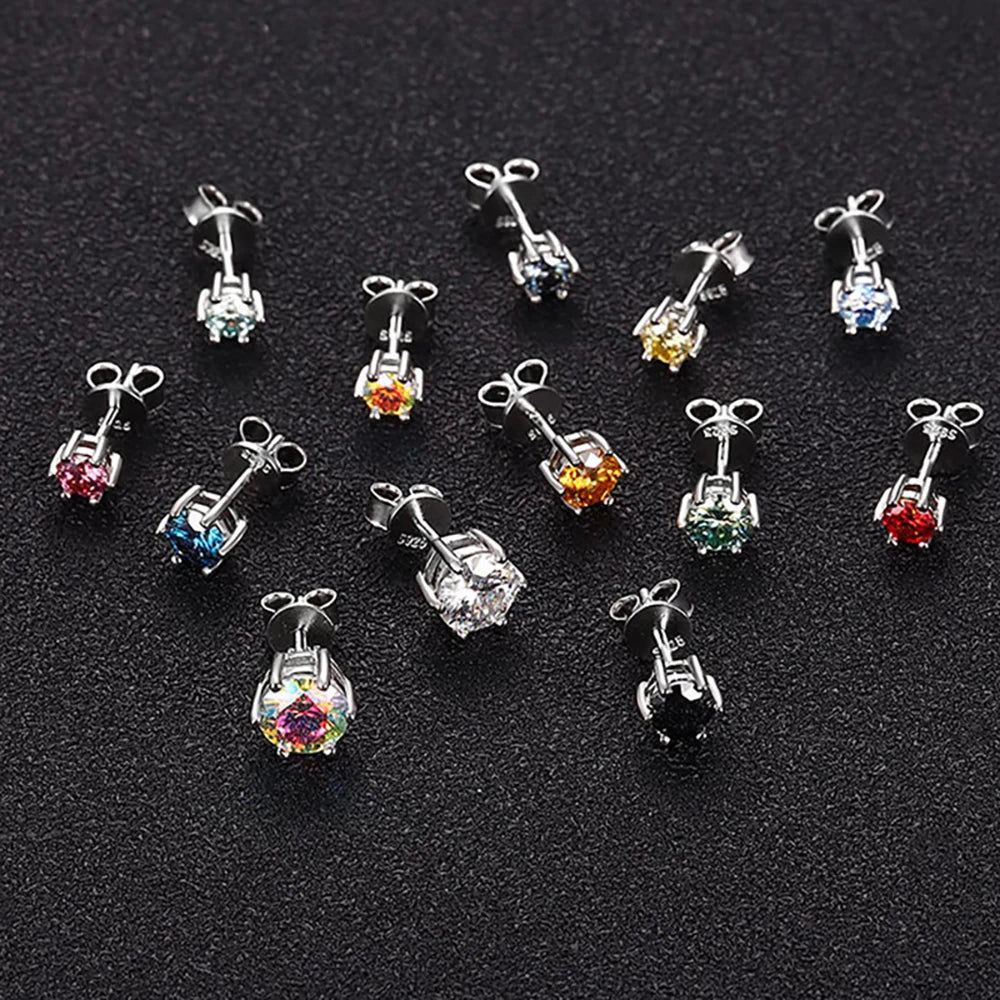 Colored Six-Prong Moissanite Stud Earrings in Sterling Silver - Colored basket settings and posts
