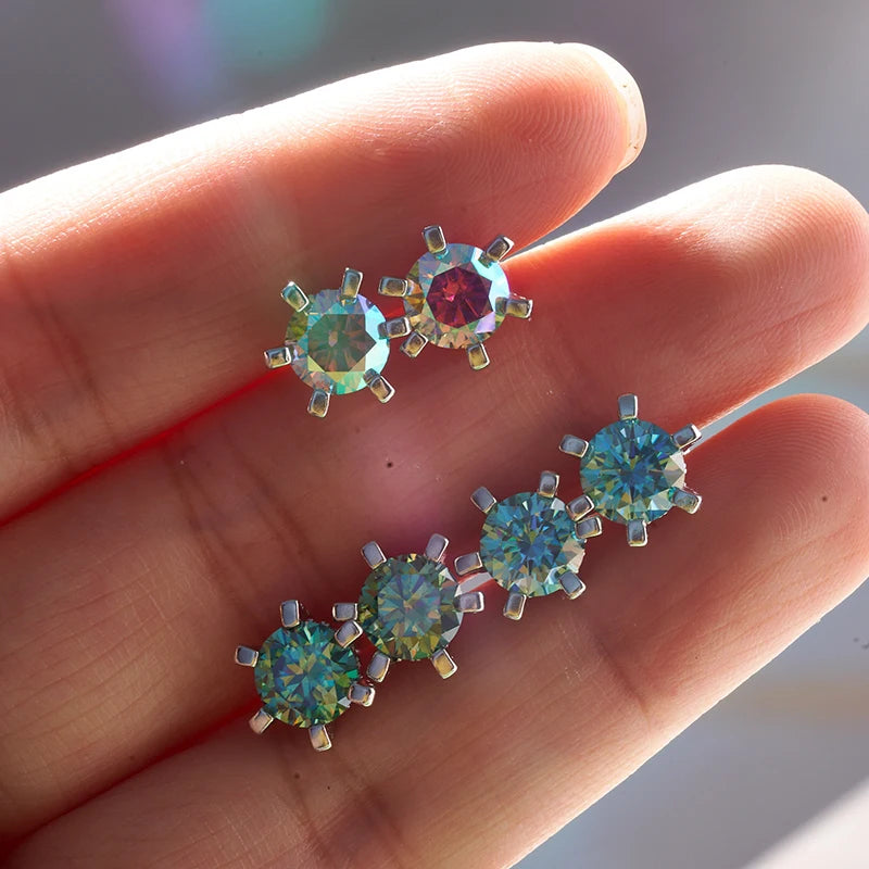 Colored Moissanite Stud Earrings with Sparkling Basket Settings - Colored stud selection on hand