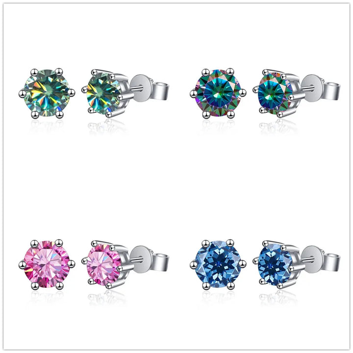 Colored Round Moissanite Stud Earrings, 1 or 2 Carat Each