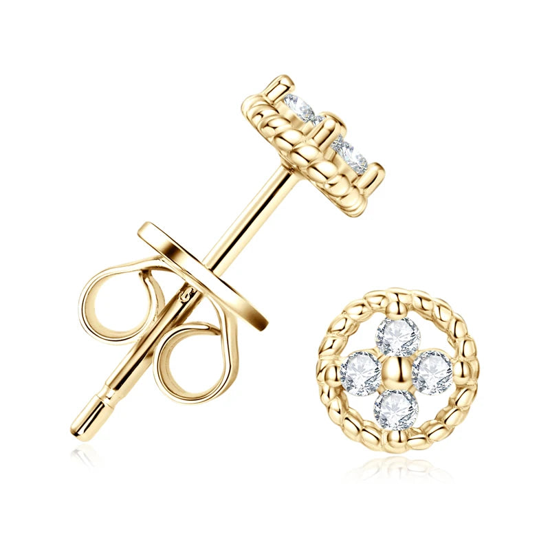 Round Rope-Edge Moissanite Cluster Stud Earrings — Gold-tone front and side