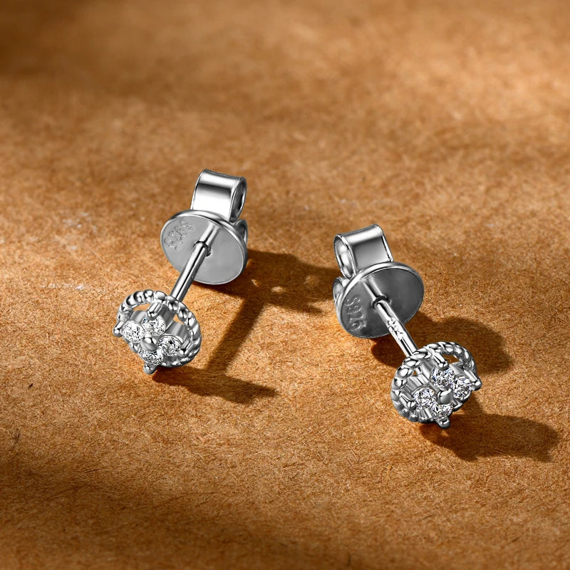 Round Rope-Edge Moissanite Cluster Stud Earrings — Silver posts and backs