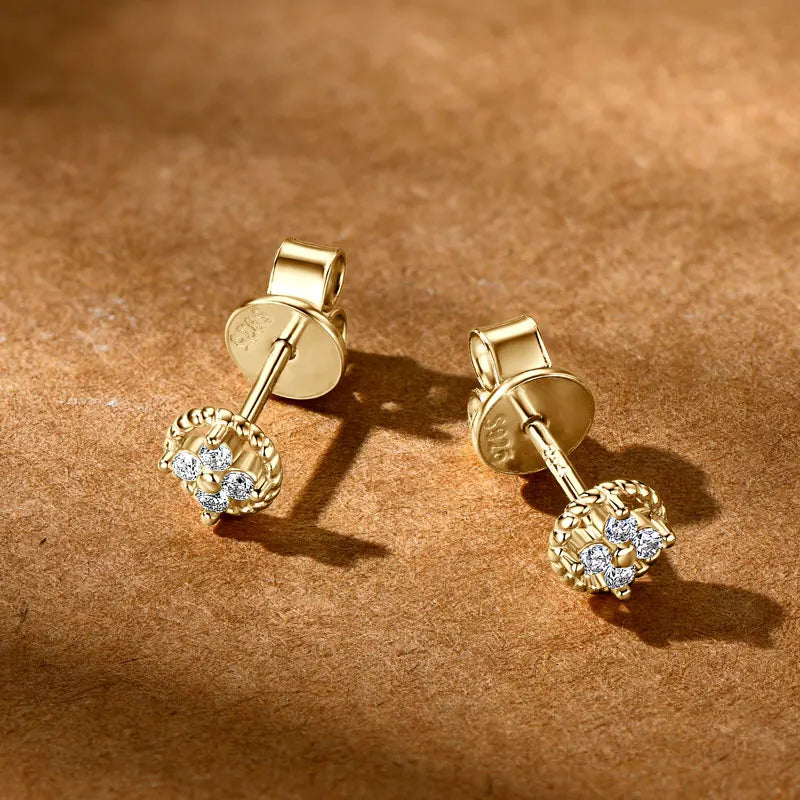 Round Rope-Edge Moissanite Cluster Stud Earrings — Gold-tone posts and backs