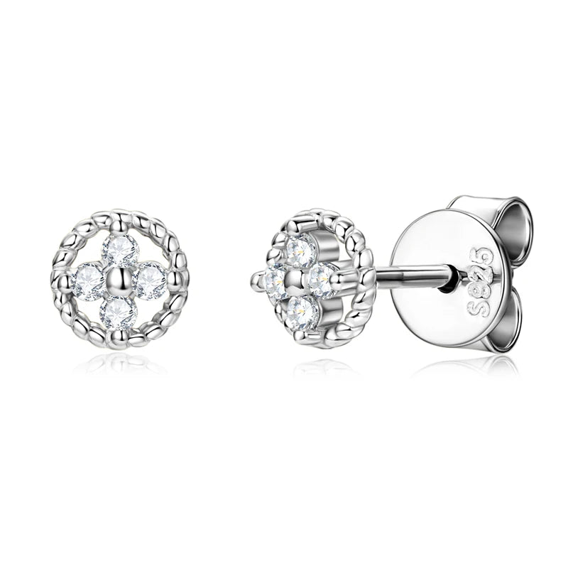 Round Rope-Edge Moissanite Cluster Stud Earrings — Silver pair