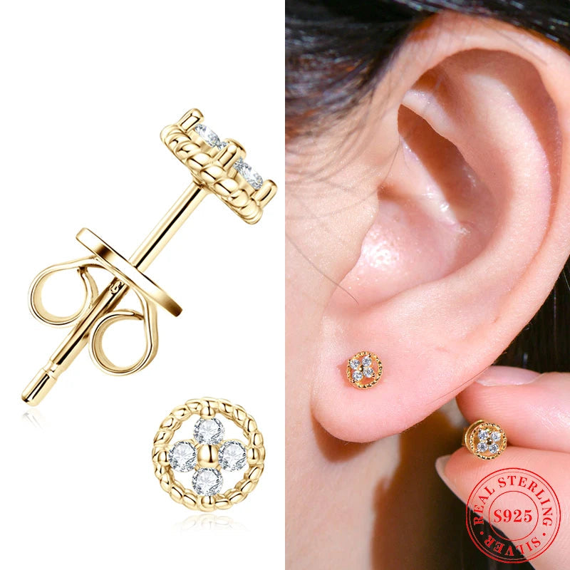 Round Rope-Edge Moissanite Cluster Stud Earrings — Gold-tone studs worn and side view