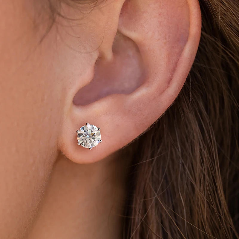 Six-Prong Moissanite Stud Earrings in Sterling Silver - stud worn