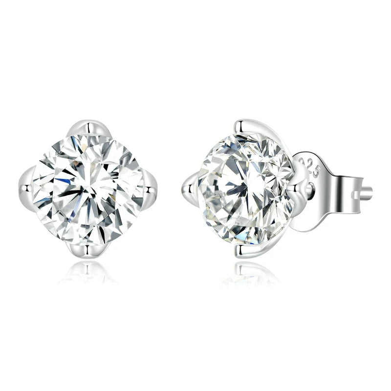 Four-Prong Moissanite Solitaire Stud Earrings in Silver - Round solitaire pair