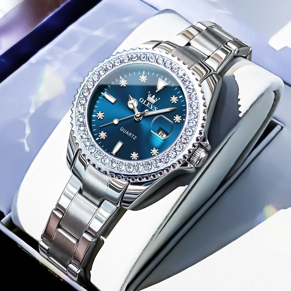 Women's Sunray Dial Crystal-Bezel Quartz Watch — Blue