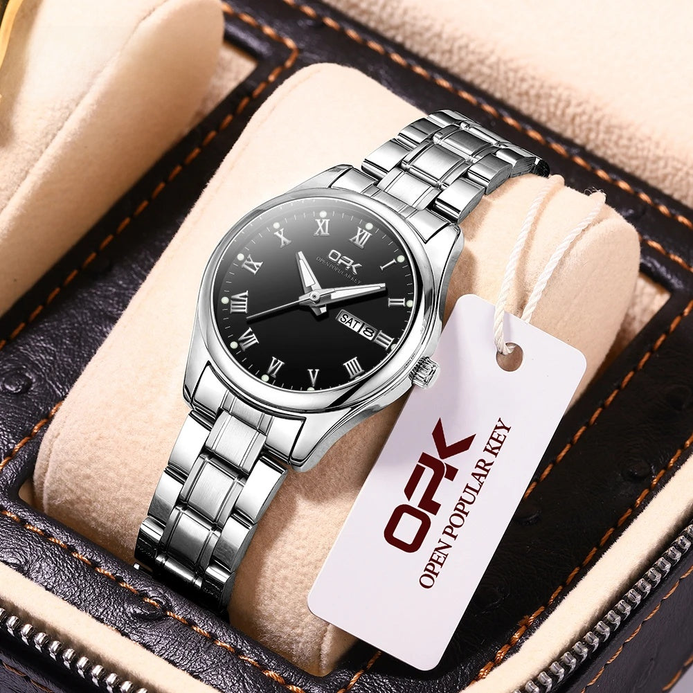Women's Roman Dial Steel Day-Date Watch — Silver Tone / Black Dial — BandsCo Straps