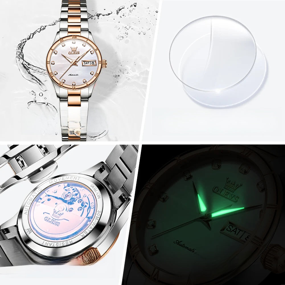 Women's Automatic Pearl-Effect Day-Date Watch — Case back and luminous-hand details — BandsCo Straps